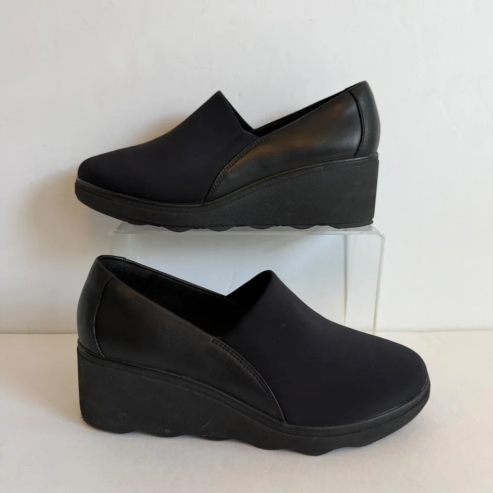 Clarks Collection Black Wedge Slip On Shoes Womens 8W Wide‎ Comfort Loafers